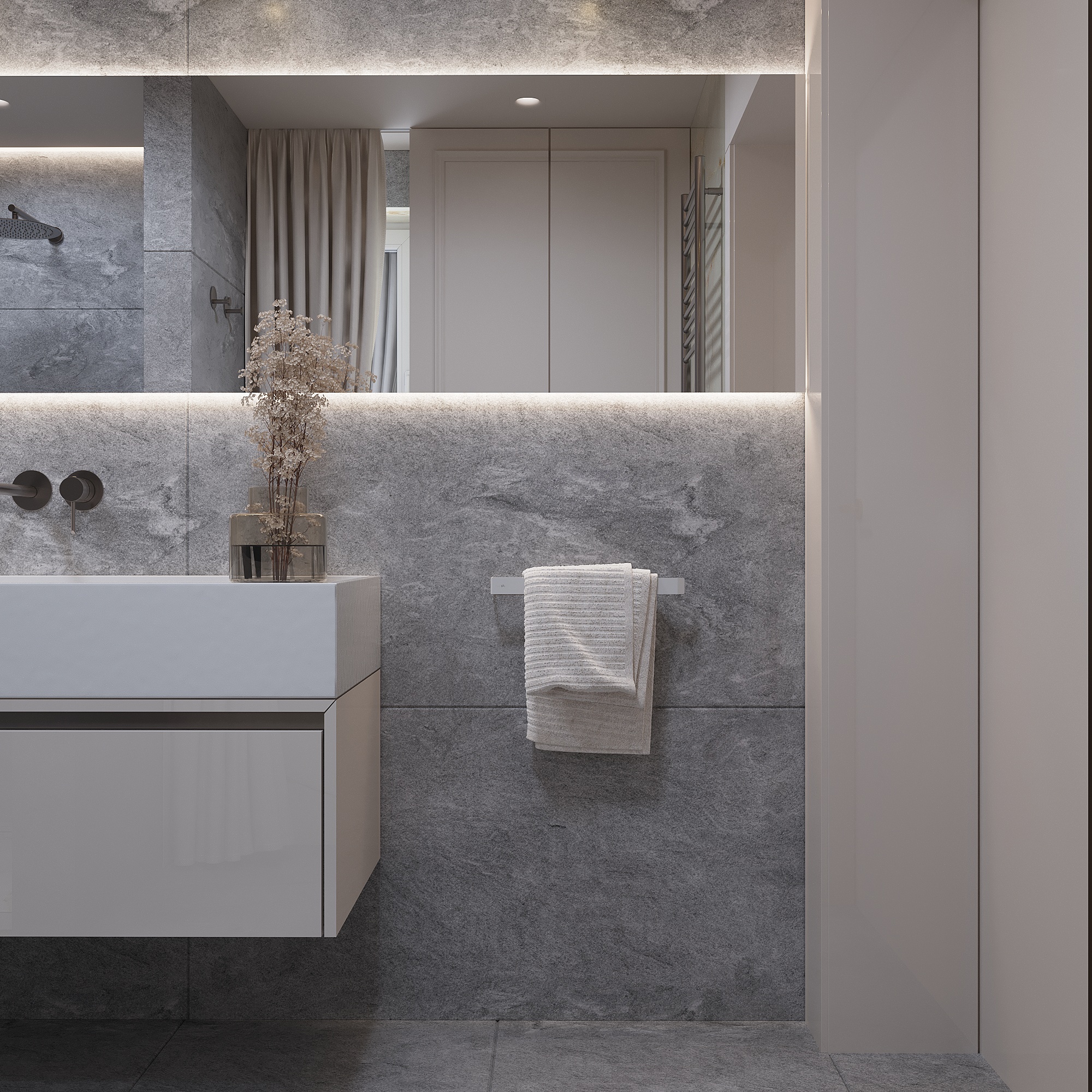 Noiré matte black bathroom hardware in a marble bathroom interior